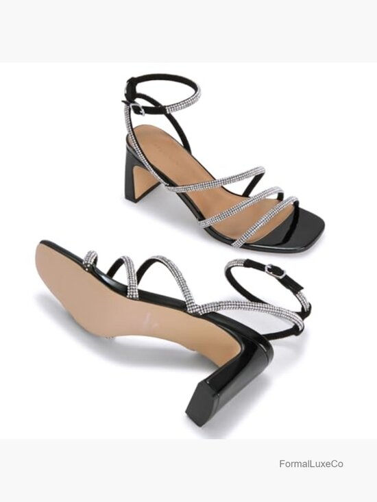 Square Toe Ankle Strap Block Heel Rhinestone Dress Sandals